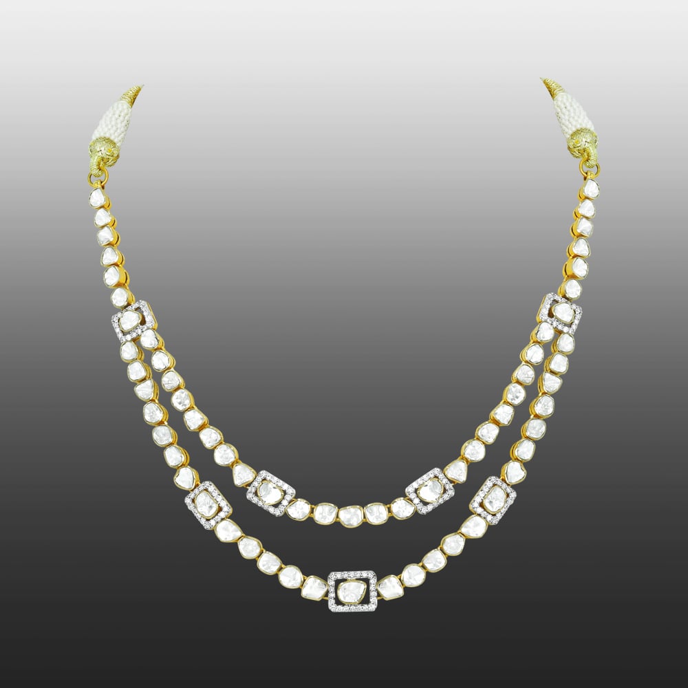 Double-Layer Polki Necklace with Round and Square Motifs